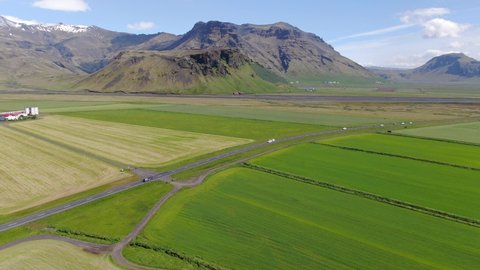 Aerial view of the ring road in Iceland, Eyjafjallajokull volcano in the back