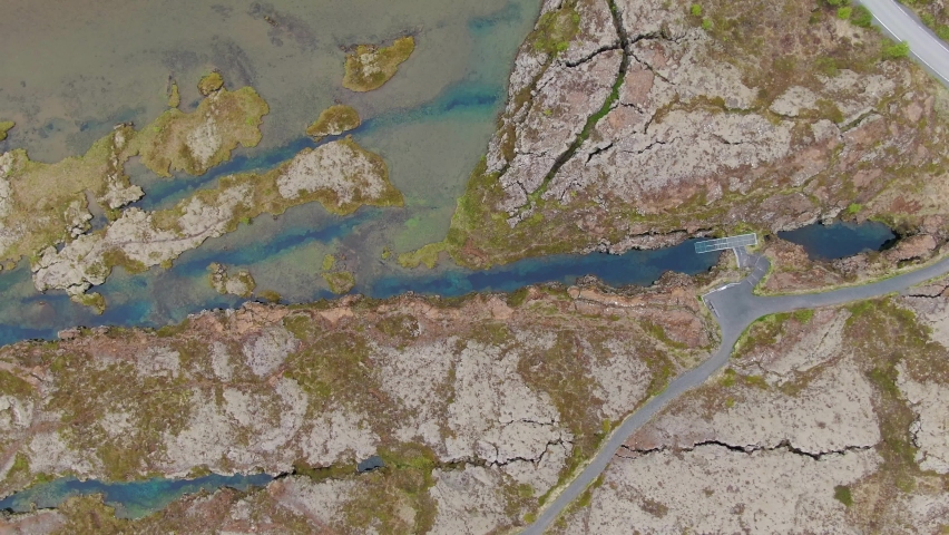 Top down aerial view of Silfra fissure in Thingvellir National Park, Iceland