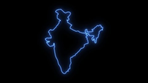 Neon shimmering blue map of India country on black background.