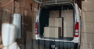 Animation of statistics processing over delivery man with cardboard boxes. global shipping, data processing and connections concept digitally generated video.