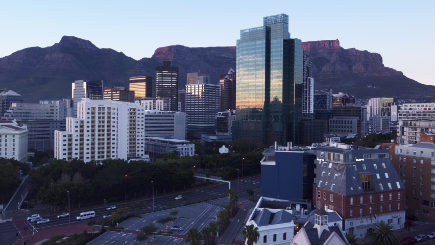 4K Aerial drone cityscape footage of downtown Cape Town at sunrise.