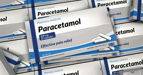 Paracetamol pain relief tablets box production. Emergency painkiller, headache analgesic and help medical pills pack pack industry. Abstract background concept 3d rendering animation.