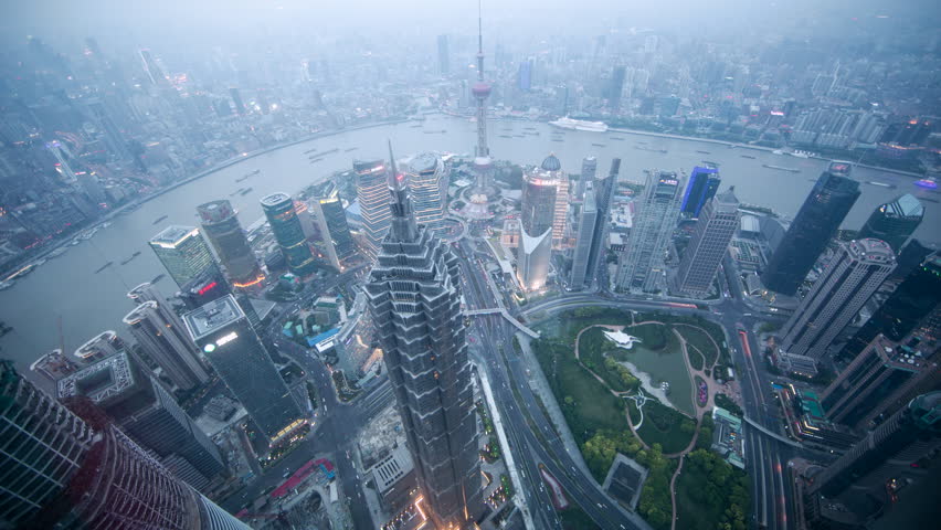 Time lapse looking down to Jin Mao tower in Shanghai China in the evening.