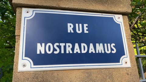 "Rue Nostradamus" street sign name in Provence, France