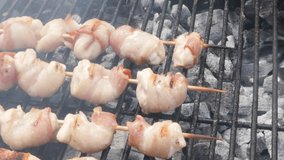 Brochettes grilled on charcoal fire slow tilt 4K 3840X2160 UltraHD footage - Skewers on barbecue slow grilling on smoke 4K 2160p UHD video