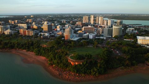 Panorama Of The High Rise Buildings On The Coastline In Darwin City In Northern Territory, Australia. aerial
