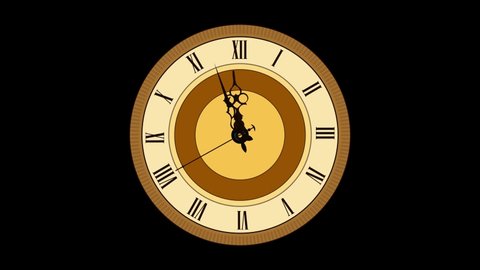 Vintage Twelve O Clock Animation of Last Twenty Seconds 4K On Black and Green Screen Background. Old clock ticking concept