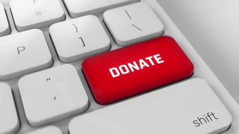 Donate red key button being clicked on white keyboard, charity, crowdfunding