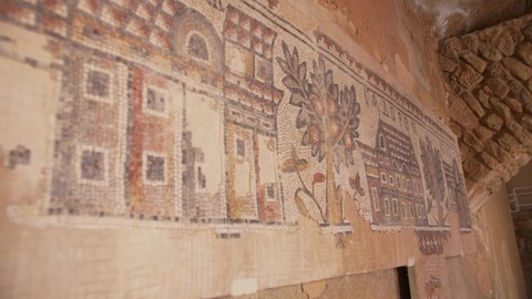 Historical Byzantine Madaba Mosaic Map of Saint George in Jordan, Middle East. Oldest Surviving Original Cartographic Depiction of the Holy Land