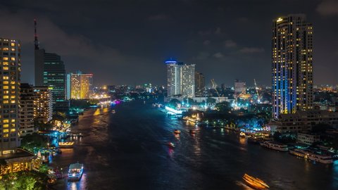 night time illumination bangkok city river rooftop panorama 4k timelapse thailand