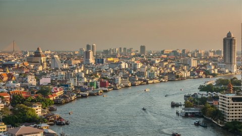 sunset time bangkok cityscape famous river traffic rooftop panorama 4k timelapse thailand