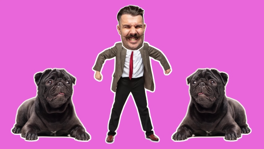 Young businessman dancing with dog. Looped animation. 4k. Stop motion design or art 2D animation. Funny man. Modern, conceptual, contemporary art collage. Party, win, winner and business concept