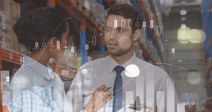 Animation of data processing over people working in warehouse. global shipping, delivery and connections concept digitally generated video.