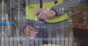 Animation of data processing over man working in warehouse. global shipping, delivery and connections concept digitally generated video.