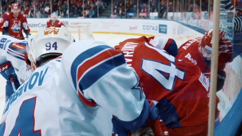 YAROSLAVL, RUSSIA - FEBRUARY 29, 2016: Hockey game KHL Playoff Lokomotiv - SKA highlights part III