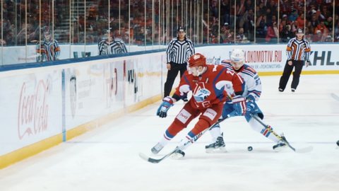 YAROSLAVL, RUSSIA - FEBRUARY 29, 2016: Hockey game KHL Playoff Lokomotiv - SKA highlights second goal
