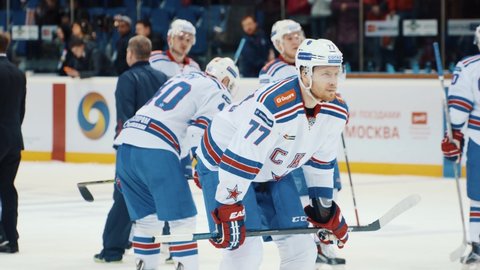 YAROSLAVL, RUSSIA - FEBRUARY 29, 2016: Hockey game KHL Playoff Lokomotiv - SKA after game