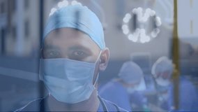 Animation of people walking in city over doctors during surgery. global medicine, healthcare and technology concept digitally generated video.