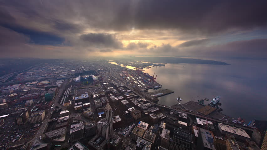 Seattle overlooking Puget Sound time lapse overlooking Centurylink and Safeco Stadium Field toward Harbor Island in Washington.