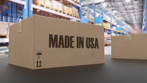 Boxes with MADE IN USA text on roller conveyor. American goods related loopable 3D animation