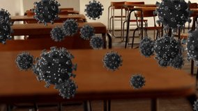 Animation of coronavirus cells over empty classroom. school, education and study during coronavirus covid 19 pandemic concept digitally generated video.