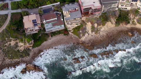 Newport Beach, California 06 18 2020: Aerial view of Corona Del Mar beach neighborhood in Newport Beach California with view of ocean and waves  