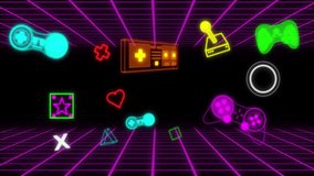 Animation of neon video game digital interface flickering over purple grid. video game, entertainment and communication concept digitally generated video.