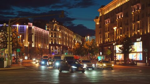 Moscow, RUSSIA - Aug 04 2021, 4k: night view on Tverskaya street, on Aug 04, 2021 in Moscow, Russia