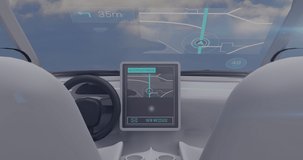 Animation of network of eco and environmentally friendly icons over inside of the car. global networks, environment and digital interface concept digitally generated video.