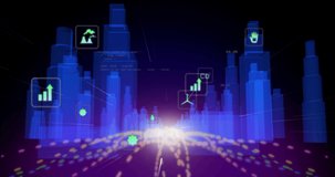 Animation of network of eco and environmentally friendly icons over cityscape. global networks, environment and digital interface concept digitally generated video.