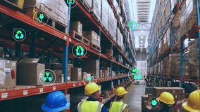 Animation of network of eco and environmentally friendly icons over warehouse. global networks, environment and digital interface concept digitally generated video.
