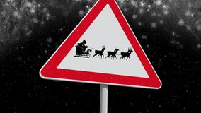 Animation of road sign with santa claus in sleigh with reindeer over snow falling. christmas, tradition and celebration concept digitally generated video.