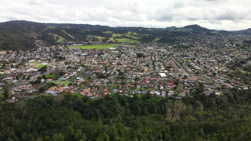 Aerial View Of Whangarei City Houses And Buildings With Scenic Mountain Views In New Zealand.