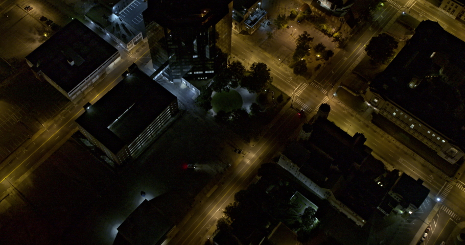 Memphis Tennessee Aerial v5 vertical overhead perspective drone flying over quiet downtown empty street at night - Shot with Inspire 2, X7 camera - August 2020