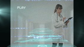 Animation of play digital interface, screens with data processing over female doctor with tablet. global science, medicine, data processing and digital interface concept digitally generated video. - Powered by Shutterstock - Get 15% off with code: PIKWIZARD15