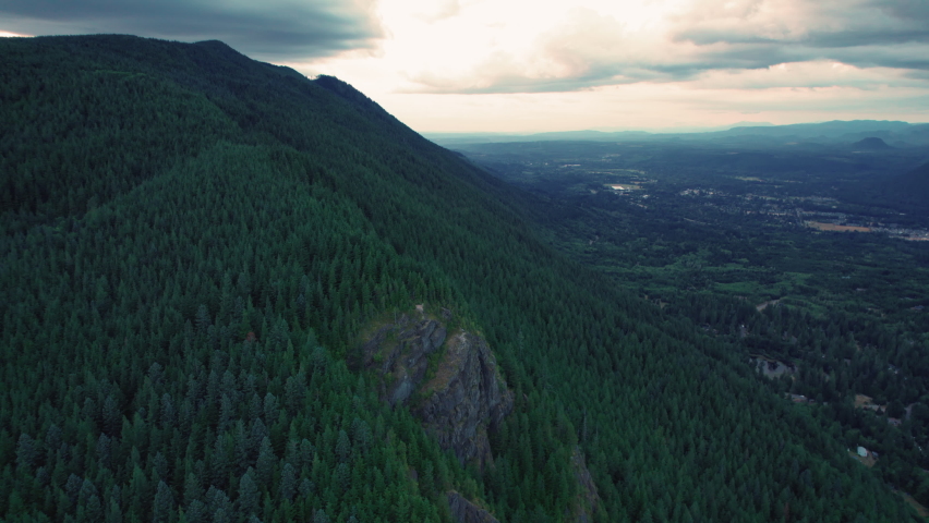 North Bend Washington Drone View from Rattlesnake Mountain. Aerial of small town in Western Washington State