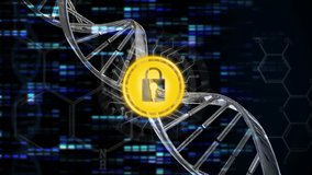 Animation of dna strand and network of connections with online security padlock over dark background. global online security, connections and digital interface concept digitally generated video. - Powered by Shutterstock - Get 15% off with code: PIKWIZARD15
