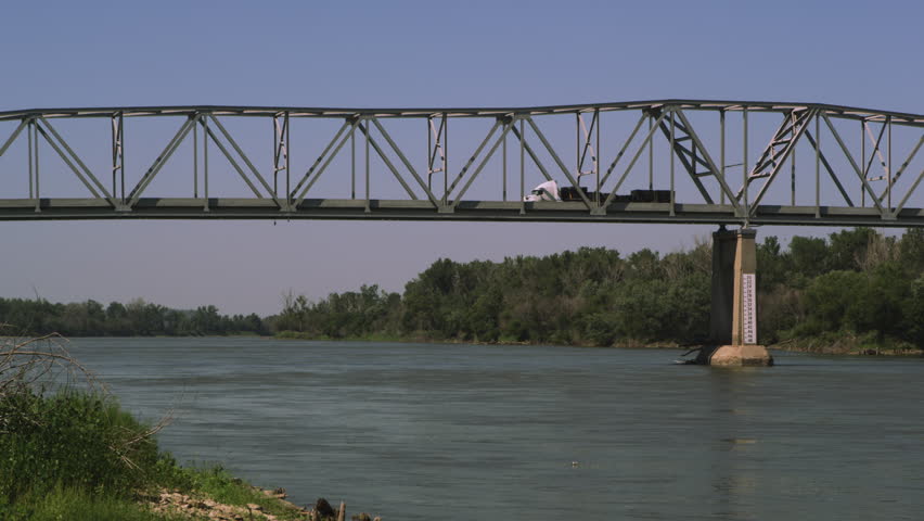 Panning view of bridge over the Missouri River near Brownsville, Nebraska.