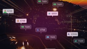 Animation of social media notifications over fast motion traffic on road and city lights at sunset. global communication, social networking and digital interface concept digitally generated video. - Powered by Shutterstock - Get 15% off with code: PIKWIZARD15