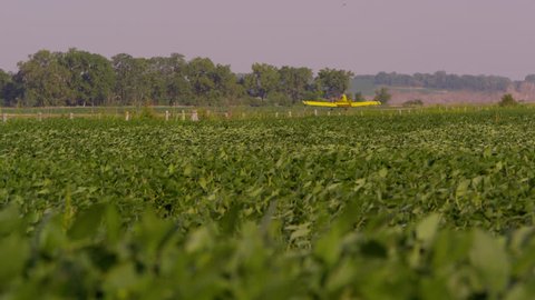 Crop Duster Plane about to take off in the midst of crops blowing in the wind by a farm in Nebraska