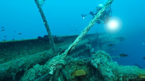 MEDITERRANEAN SEA, CYPRUS - AUGUST, 2021: Scuba diver photographer shots Dusky Grouper swim on the shipwreck Swedish ferry MS Zenobia. Slow motion, Wreck diving. Mediterranean sea, Cyprus
