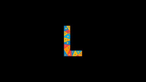 Letter L. Animated unique font made of circles and triangles, polygons. Geometric mosaic bright colors. Letter L for icons, logos, interface elements. Alpha channel transparent background, 4K