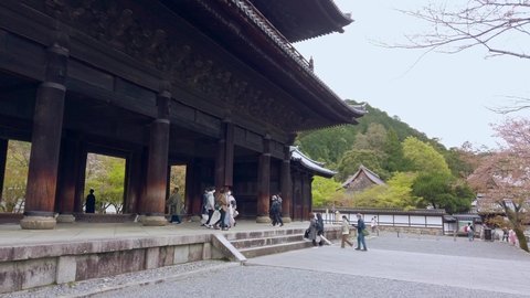 Kyoto, JAPAN - Apr 3 2021 : Handheld shot of Sanmon Gate, originally constructed in the 13th Century and reconstructed in 1628, at Nanzenji. It is a headquarters of the Nanzen-ji branch of Rinzai Zen
