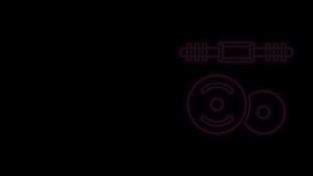 Glowing neon line Barbell icon isolated on black background. Muscle lifting icon, fitness barbell, gym, sports equipment, exercise bumbbell. 4K Video motion graphic animation.