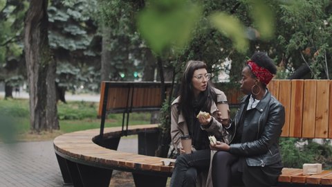 Slowmo tracking shot of African-American and Caucasian women sitting on bench in park and chatting while enjoying coffee and sandwiches on date
