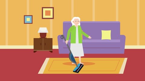 Old woman animation cleaning the floor with vacuum cleaner while standing in living room. Cartoon in 4k resolution