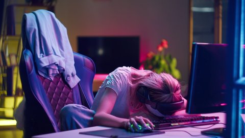 Asleep Woman Gamer Waking Continuing Play Stock Footage Video (100% ...