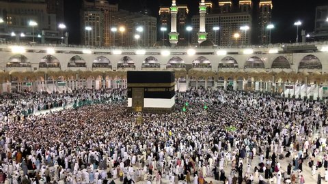 MECCA, SAUDI ARABIA - September 10, 2019: Video of unidentified pilgrims perform Tawaf around Kaaba inside Masjidil Haram, Makkah.