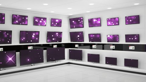 Animation of 25 percent text and pink fireworks across multiple flat screen tvs in shop display. entertainment and smart technology business and retail concept digitally generated video.