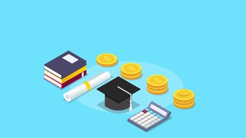 Stressed male student animation looking at increasing student loan graph while standing books and money. Cartoon in 4k resolution